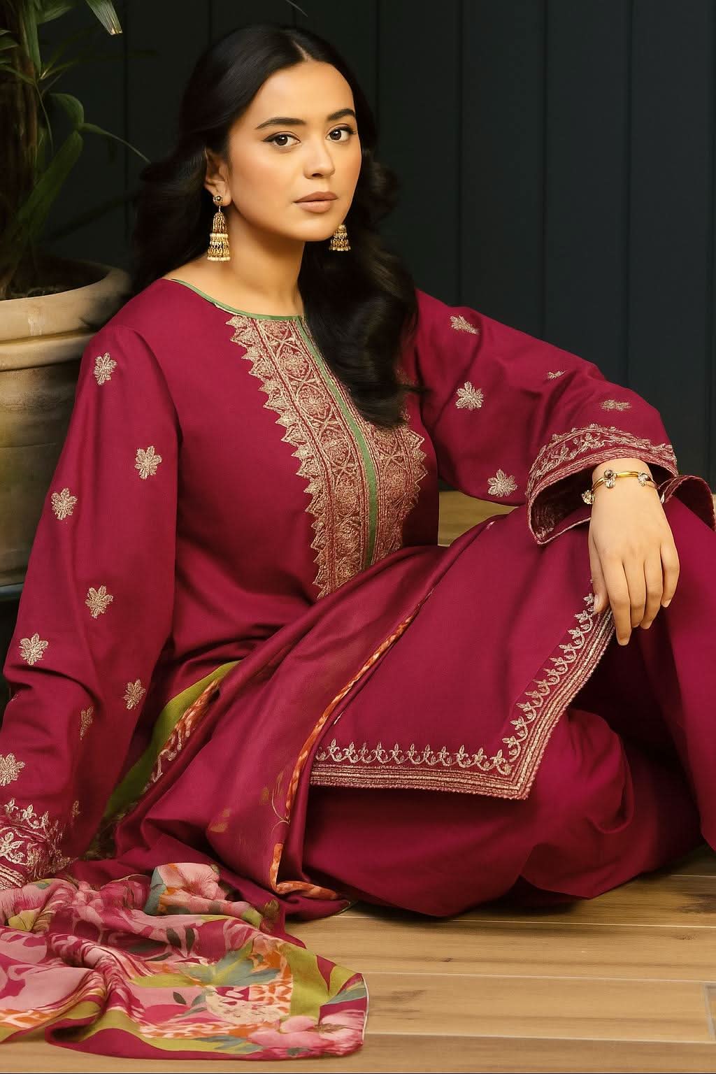 3 PC EMBROIDERED DHANAK SUIT - AB73