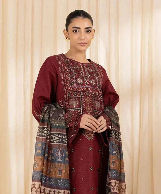 3 PC EMBROIDERED DHANAK SUIT - AB77