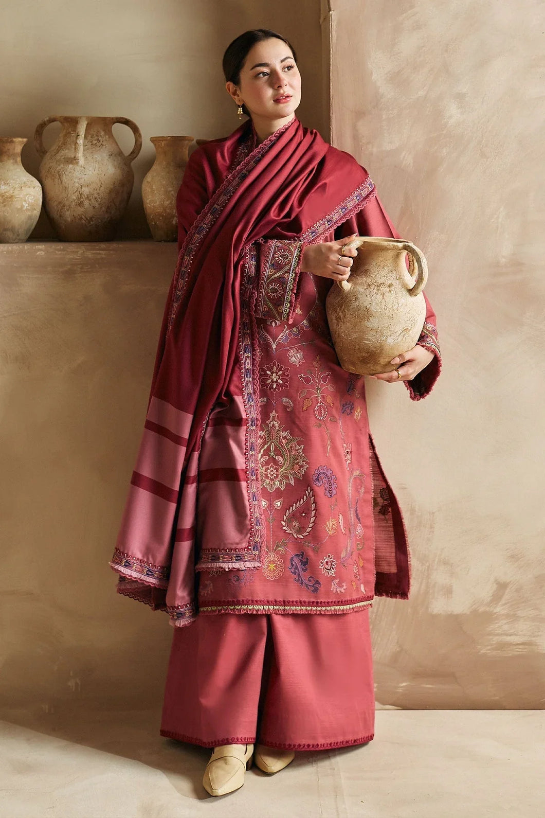 AB-035:Premium Dhanak Embroidered 3-Piece Unstitched Suit with Twill Shawl
