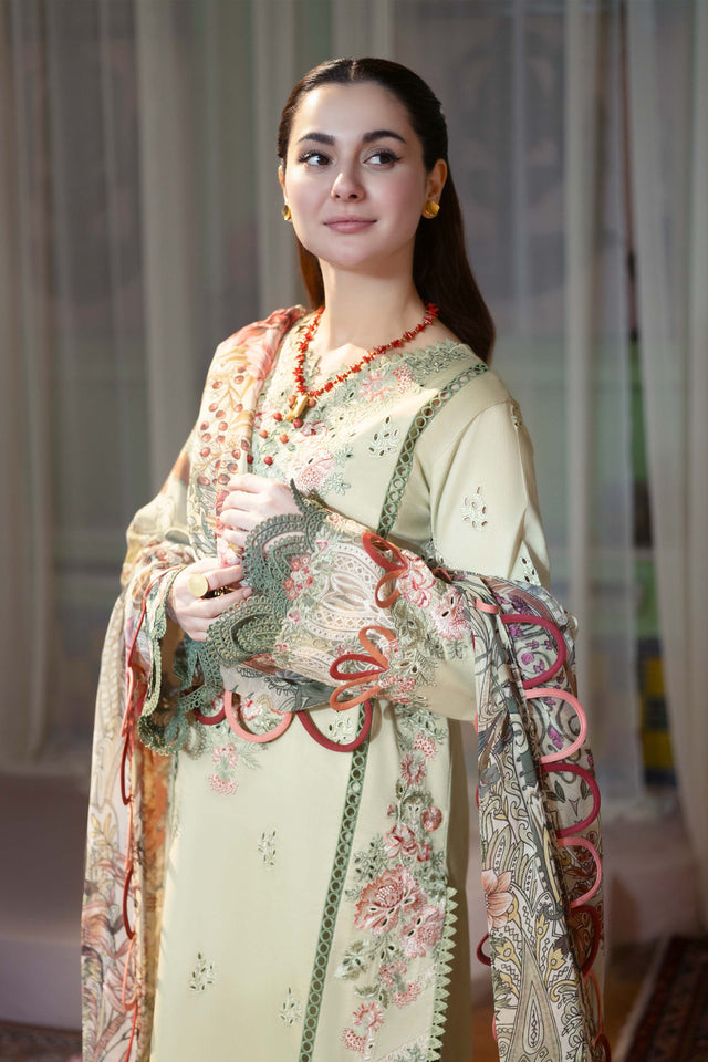 AB-134 :Dhanak Heavy Embroidered Unstitched 3-Piece Suit with Printed Shawl
