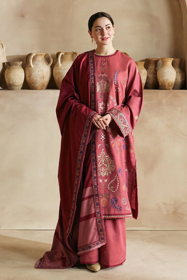 AB-035:Premium Dhanak Embroidered 3-Piece Unstitched Suit with Twill Shawl