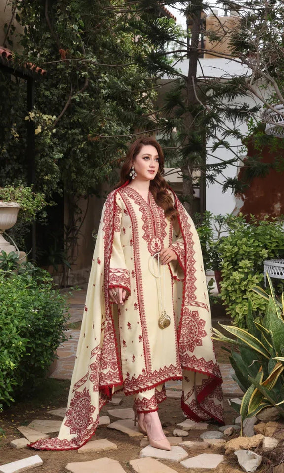 AB-16: Dhanak Fabric Fully Embroidered 3-Piece Suit (Shirt + Trouser + Shawl)