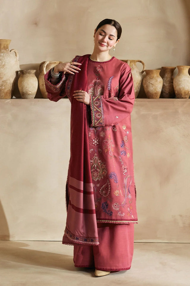 AB-035:Premium Dhanak Embroidered 3-Piece Unstitched Suit with Twill Shawl