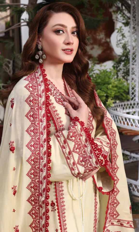 AB-16: Dhanak Fabric Fully Embroidered 3-Piece Suit (Shirt + Trouser + Shawl)