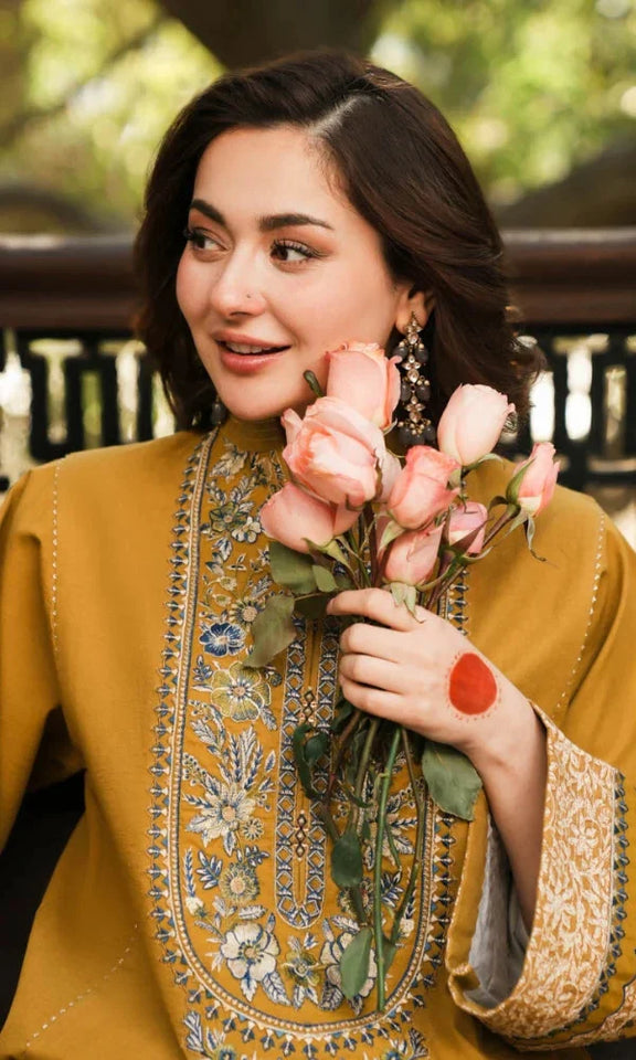 AB-157: Mustard Textured Dhanak Unstitched 3 Piece Suit with Embroidered Neckline & Wool Shawl Dupatta