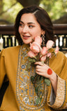 AB-157: Mustard Textured Dhanak Unstitched 3 Piece Suit with Embroidered Neckline & Wool Shawl Dupatta