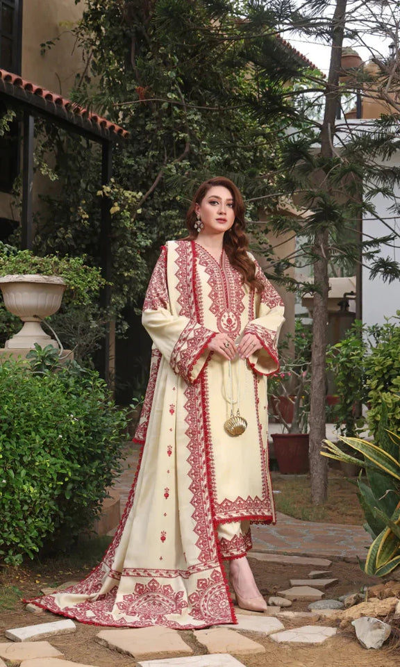 AB-16: Dhanak Fabric Fully Embroidered 3-Piece Suit (Shirt + Trouser + Shawl)