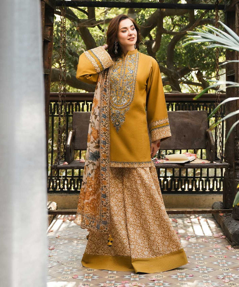 AB-157: Mustard Textured Dhanak Unstitched 3 Piece Suit with Embroidered Neckline & Wool Shawl Dupatta