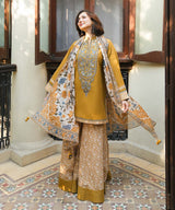 AB-157: Mustard Textured Dhanak Unstitched 3 Piece Suit with Embroidered Neckline & Wool Shawl Dupatta