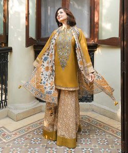 AB-157: Mustard Textured Dhanak Unstitched 3 Piece Suit with Embroidered Neckline & Wool Shawl Dupatta